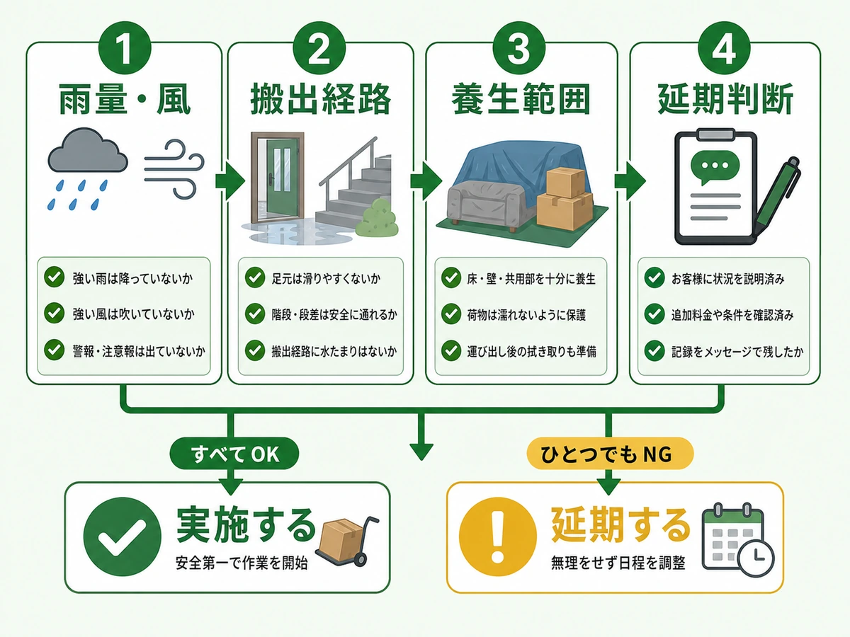 雨の日の不用品回収で実施か延期かを判断する流れ