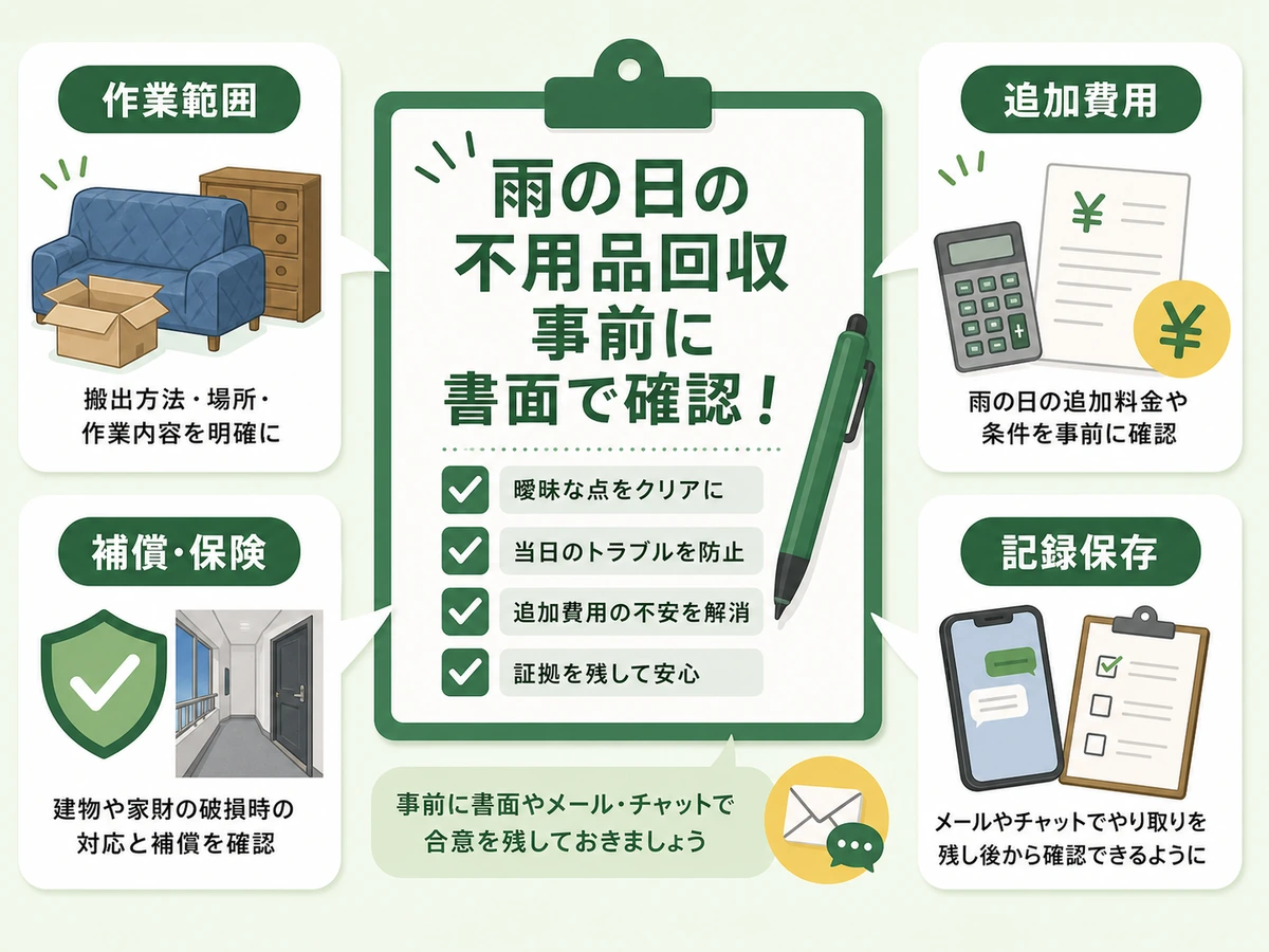 雨の日の不用品回収前に書面で確認する項目