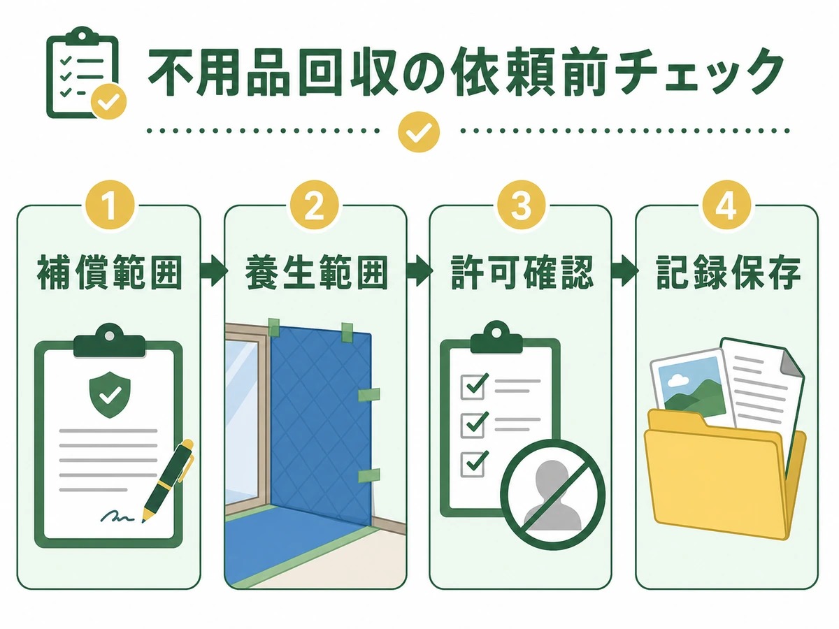 不用品回収の依頼前に確認する補償範囲・養生範囲・許可確認・記録保存