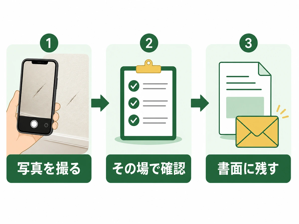 壁の傷に気づいた直後の写真記録と書面化の流れ