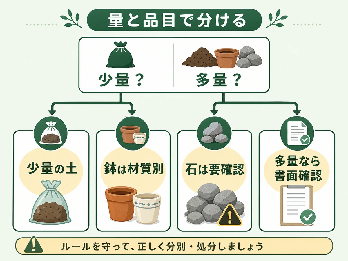 土・植木鉢・石を少量、多量、材質別に分けて処分ルートを判断する図