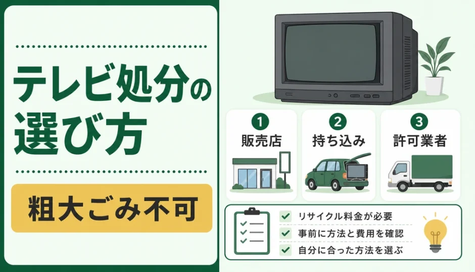 テレビ処分の選び方と粗大ごみ不可を示す図解
