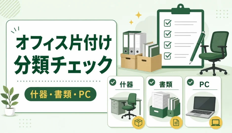 オフィス片付けで什器・書類・法人PCを分類するチェック図