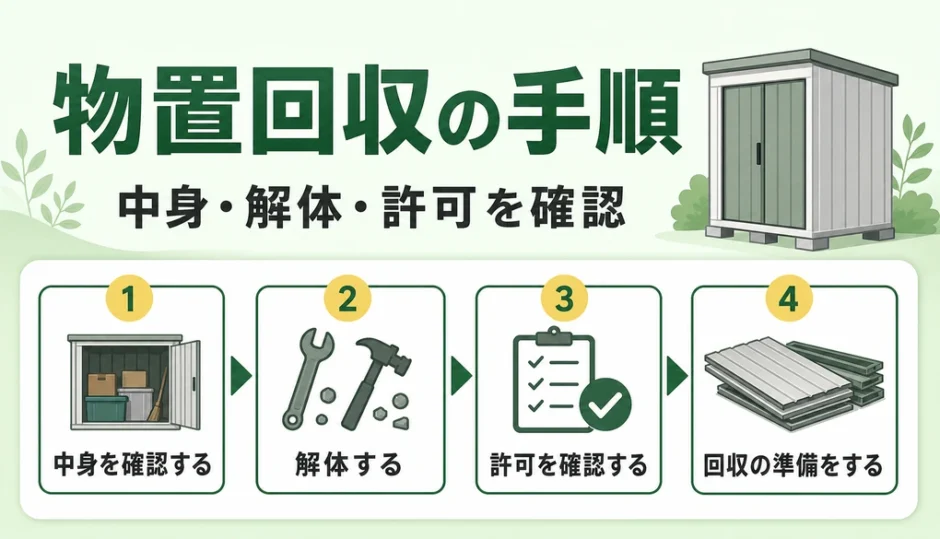 物置回収の手順と中身・解体・許可の確認を示すサムネイル