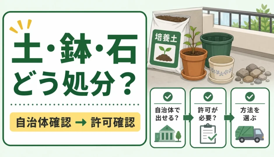 土・植木鉢・石の処分で自治体確認と許可確認が必要なことを示す図
