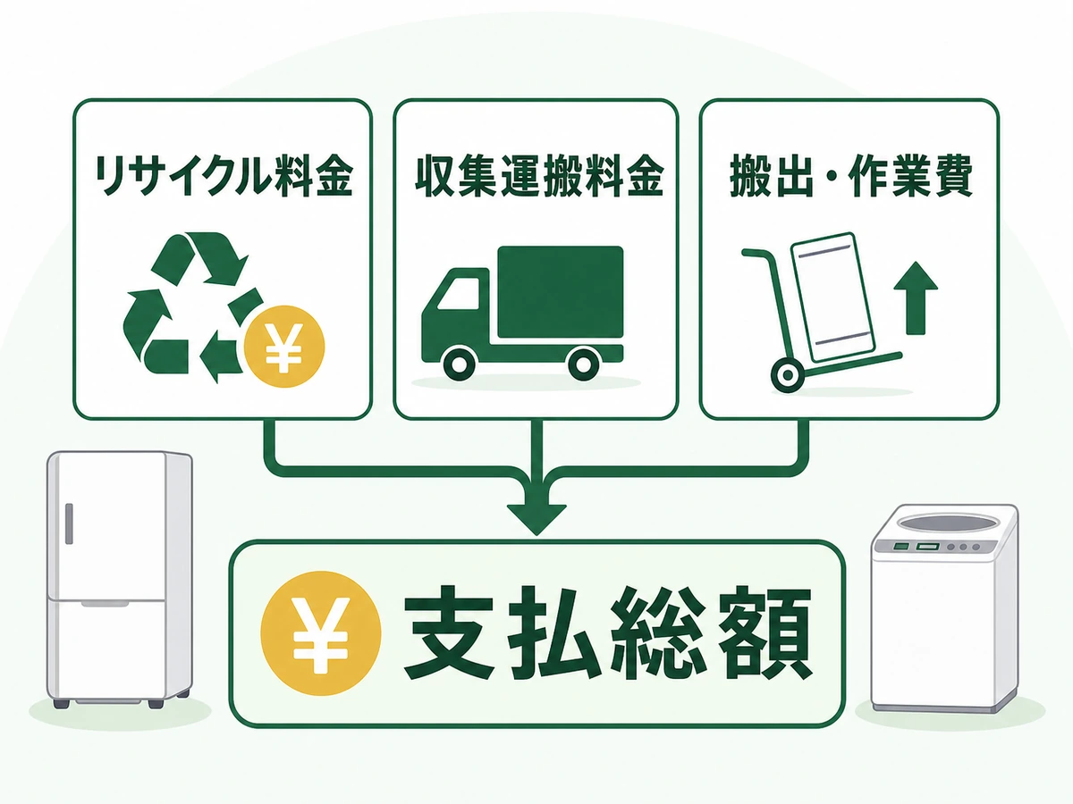 冷蔵庫・洗濯機の処分費を構成するリサイクル料金、収集運搬料金、搬出・作業費の図