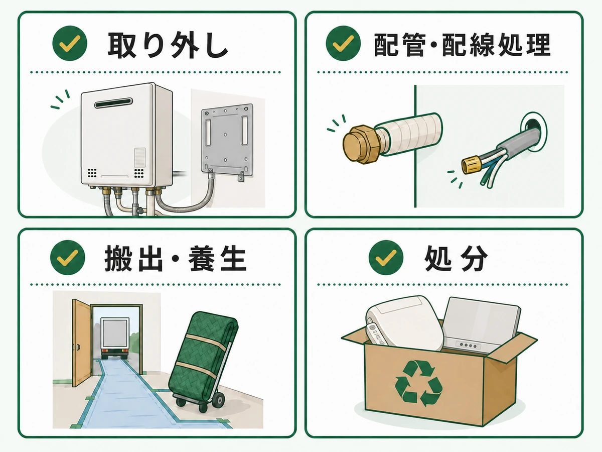 取り外し費用を構成する作業・配管処理・搬出・処分の内訳