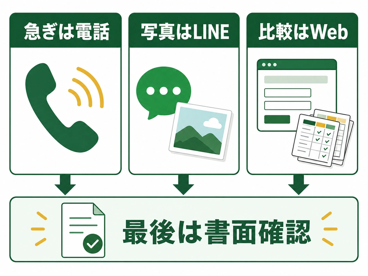 不用品回収の問い合わせを急ぎ・写真・比較で電話・LINE・Webに分ける判断図