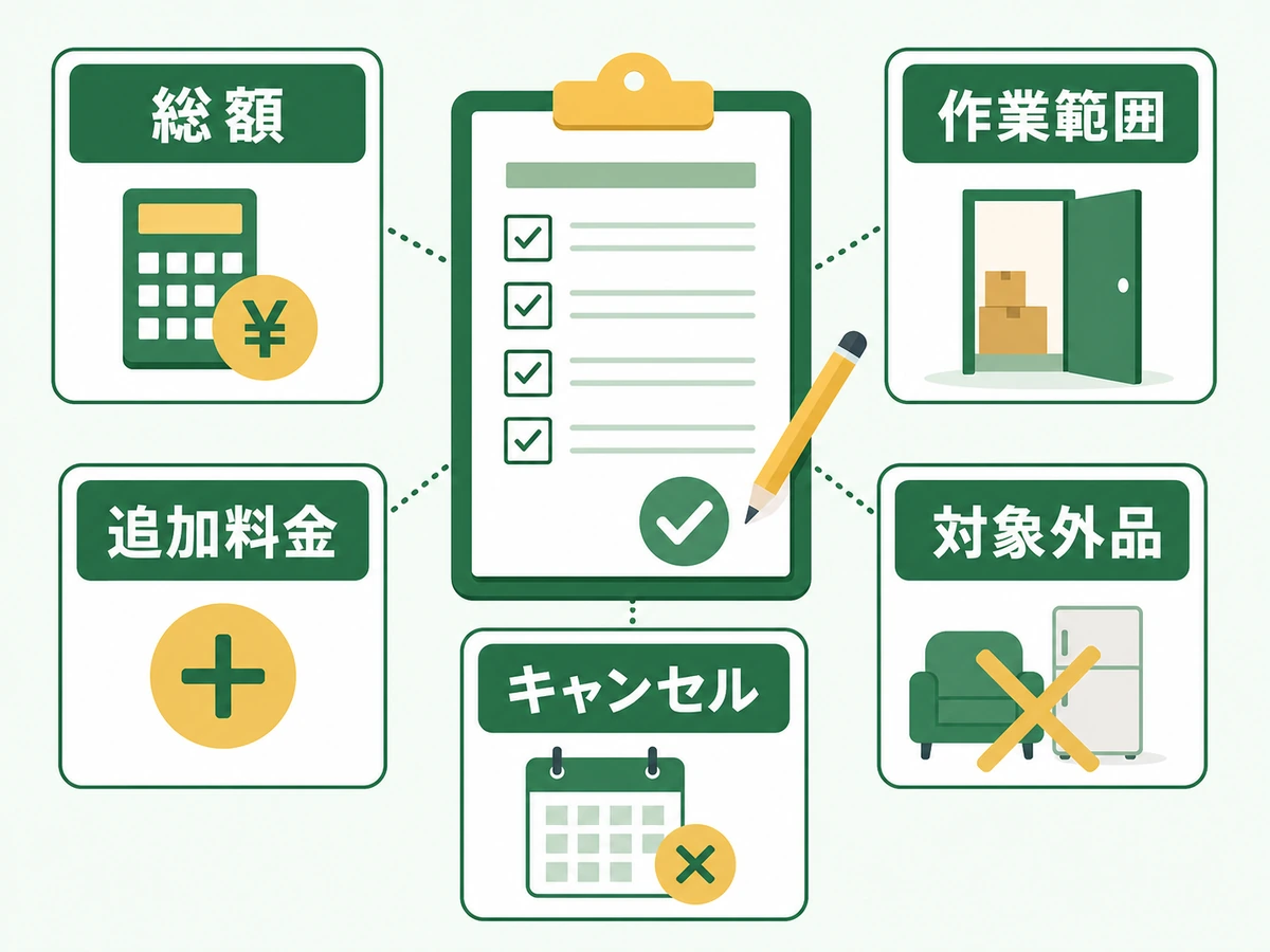 不用品回収の見積書で総額・作業範囲・追加料金・対象外品・キャンセルを確認する図