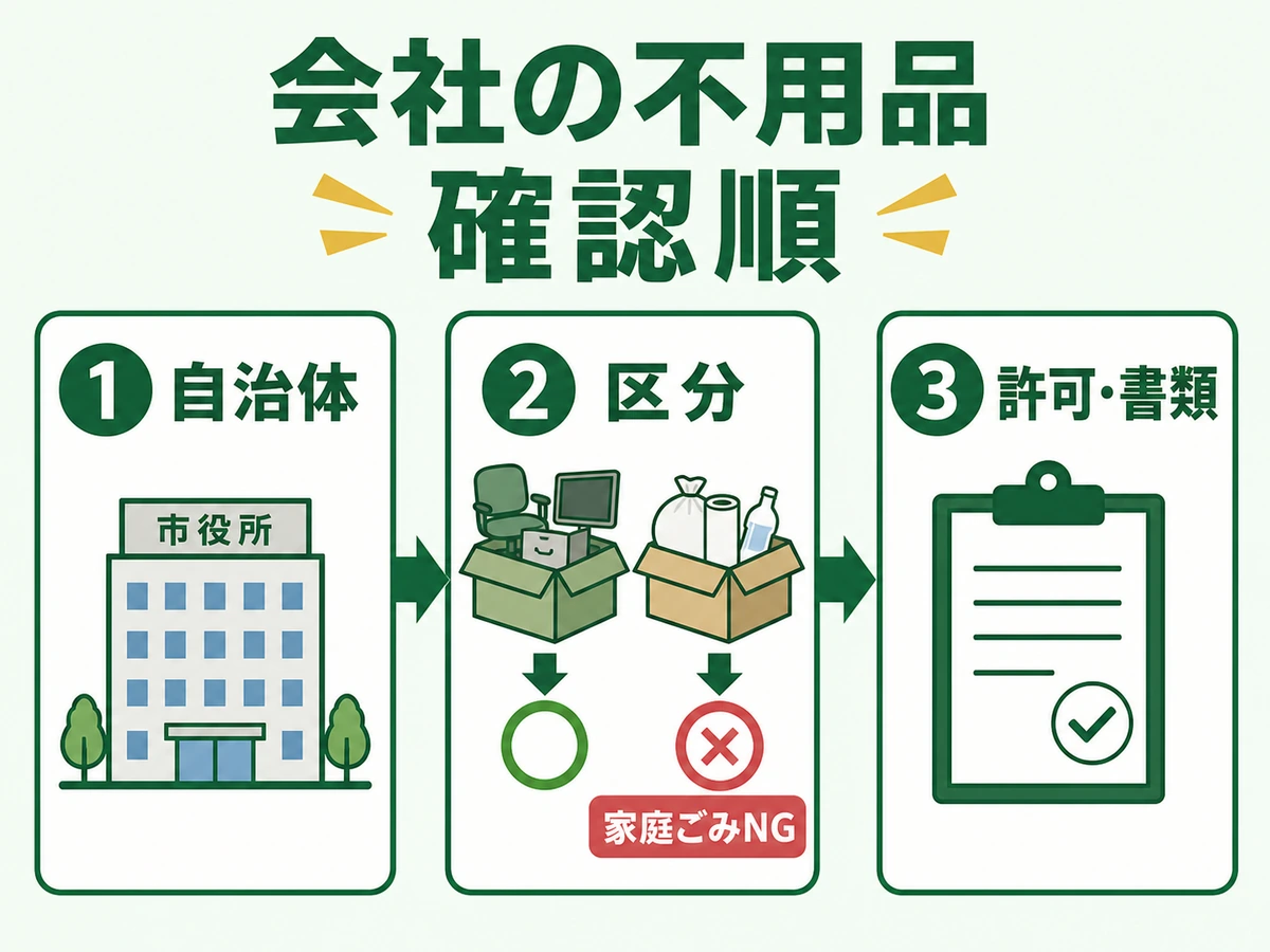 会社の不用品を家庭ごみに出す前の自治体確認、区分確認、許可書類確認の流れ
