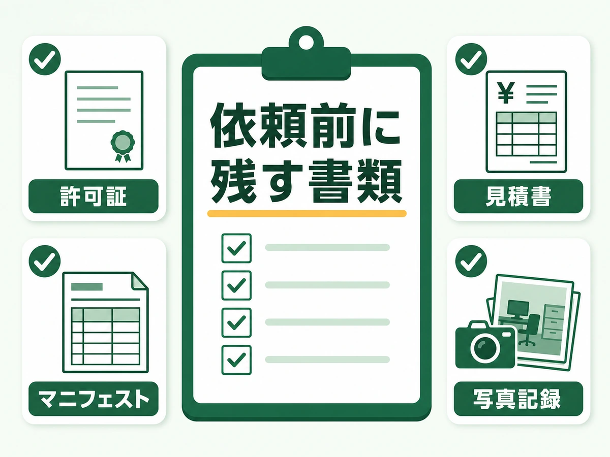 会社の不用品処分前に残す品目、写真、見積書、許可証、処理書類のチェックリスト
