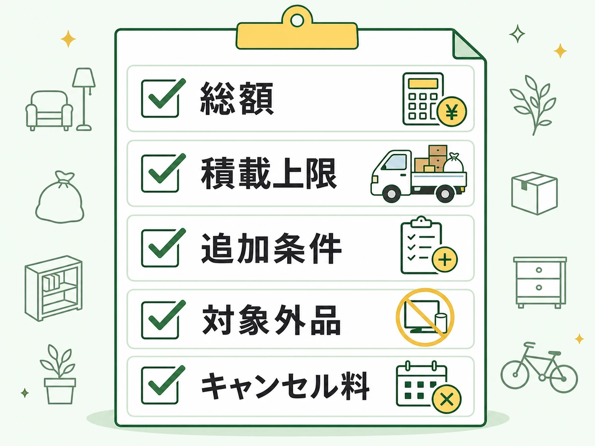 軽トラ積み放題の見積書で総額と積載条件を確認するチェック図