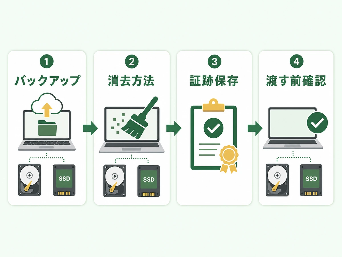 パソコン処分前にバックアップ、消去方法、証跡保存、渡す前確認の順で進める流れ