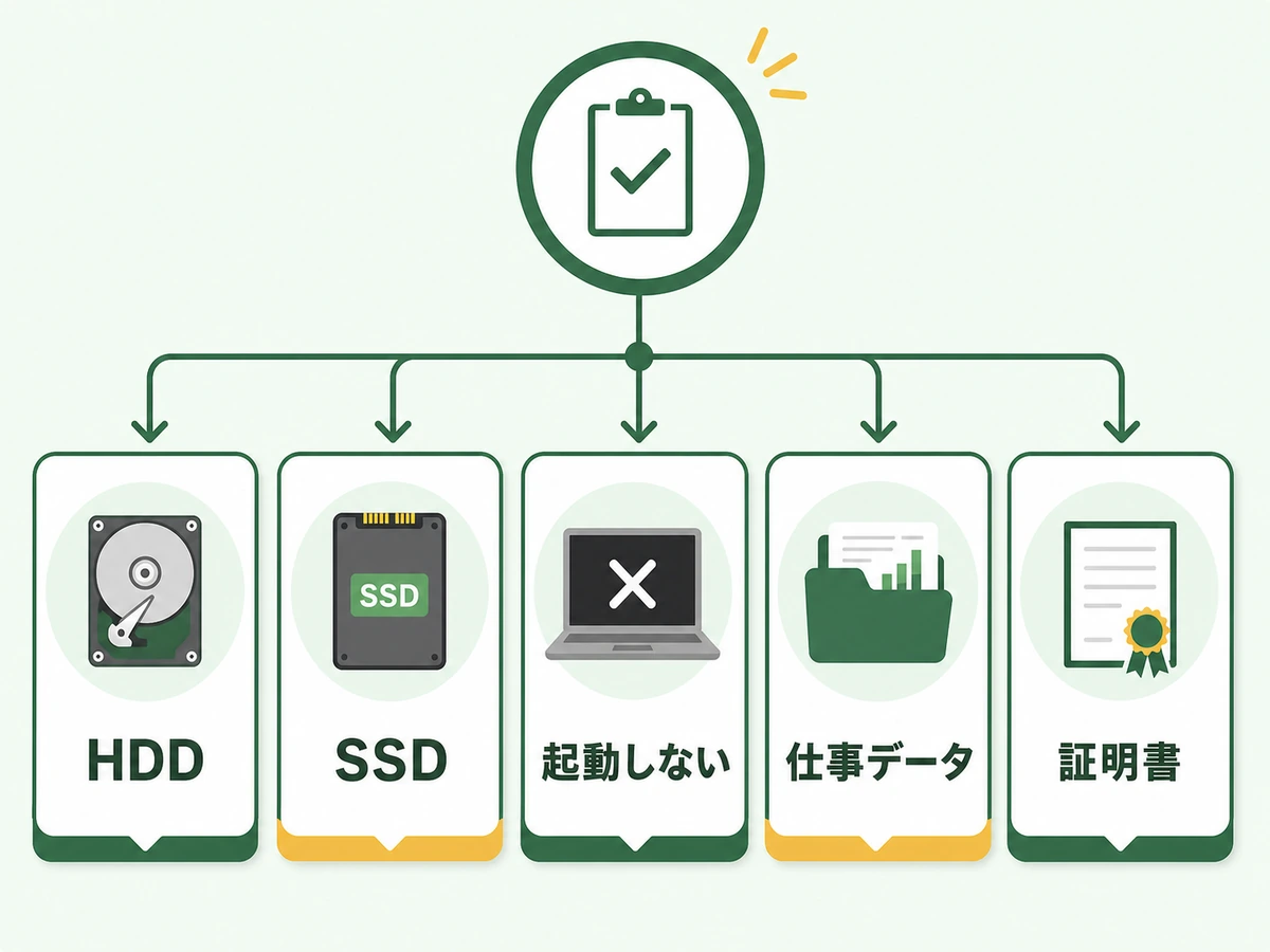 HDD、SSD、起動しない機器、仕事データ、証明書の確認分岐を示す図