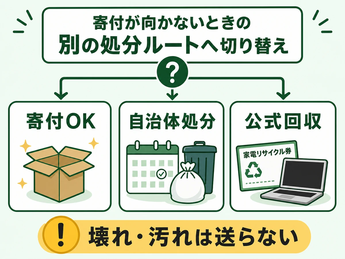 寄付できない物を自治体処分や公式回収へ切り替える判断図