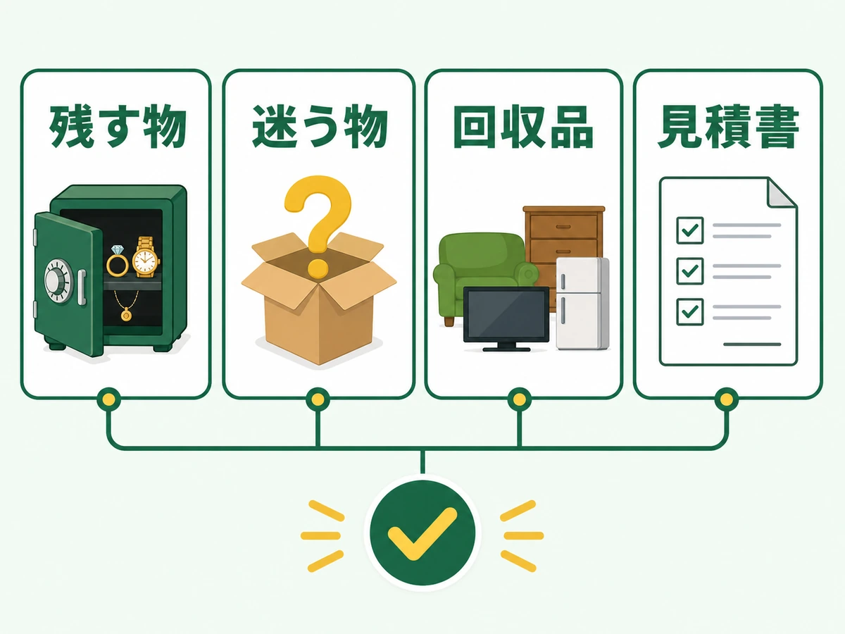 不用品回収前に残す物、迷う物、回収品、見積書を分ける4項目の図