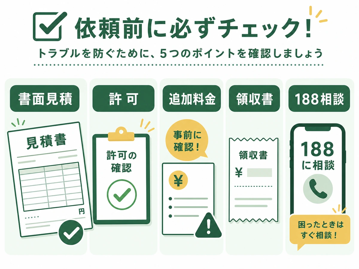 不用品回収の許可と書面見積もりを確認するチェックリスト図解