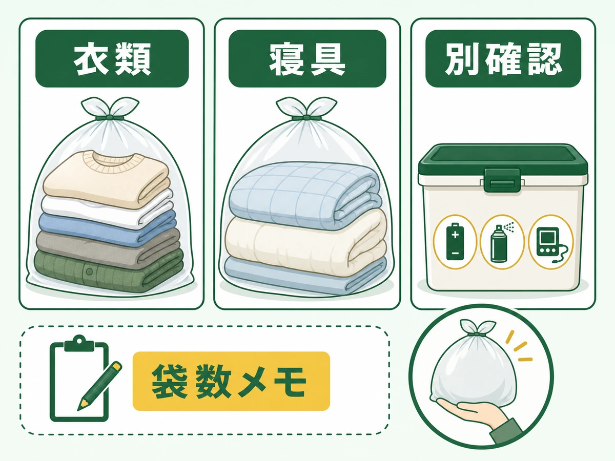衣類、寝具、別確認品を袋分けし、袋数を記録する方法