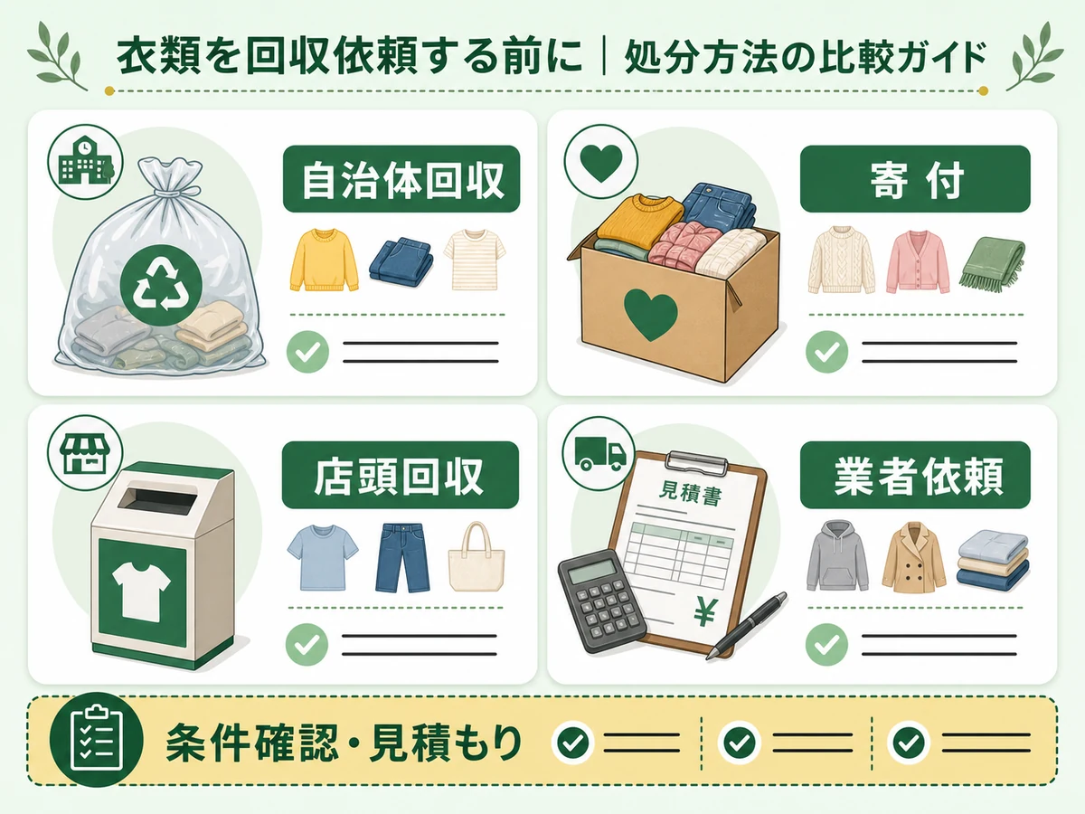 自治体回収、寄付、店頭回収、業者依頼の違いを示す比較図