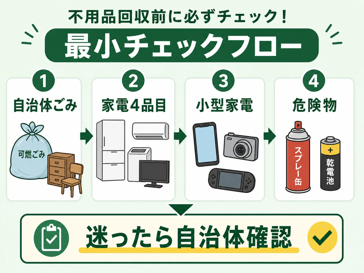 不用品回収前に自治体ごみ、家電4品目、小型家電、危険物を確認するチェックフロー