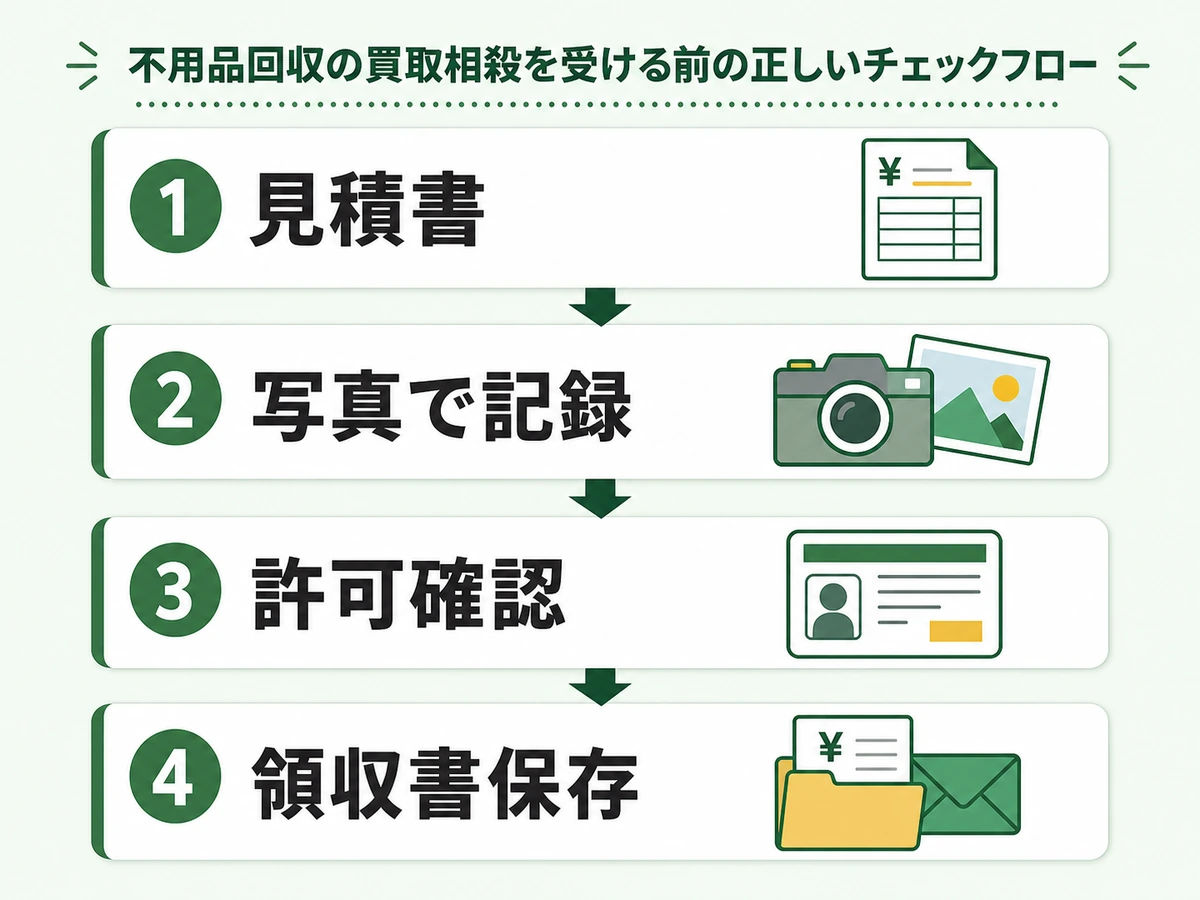買取相殺を受ける前の見積書、写真記録、許可確認、領収書保存の流れ