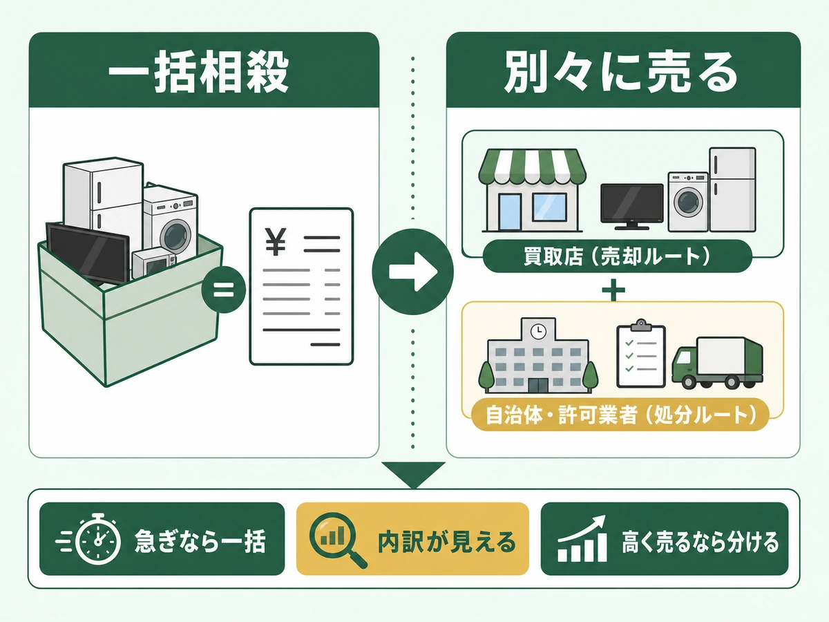 一括相殺と別々に売る方法の選び方を示す比較図