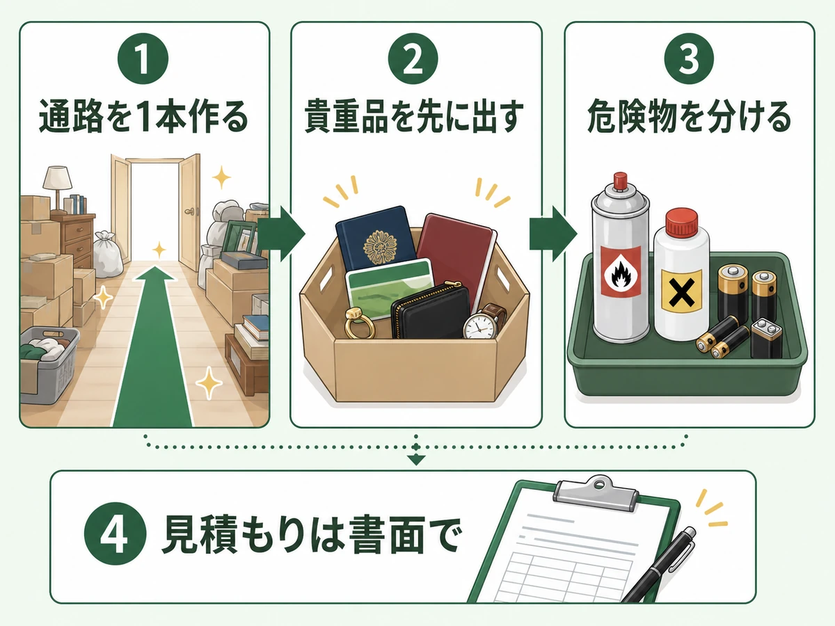 通路、貴重品、危険物、見積もり書面確認の流れを示す図解