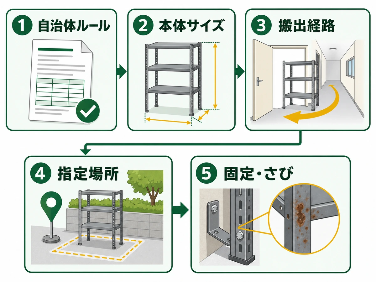 メタルラック回収前に自治体ルール、サイズ、搬出経路、指定場所、固定とさびを確認する流れ