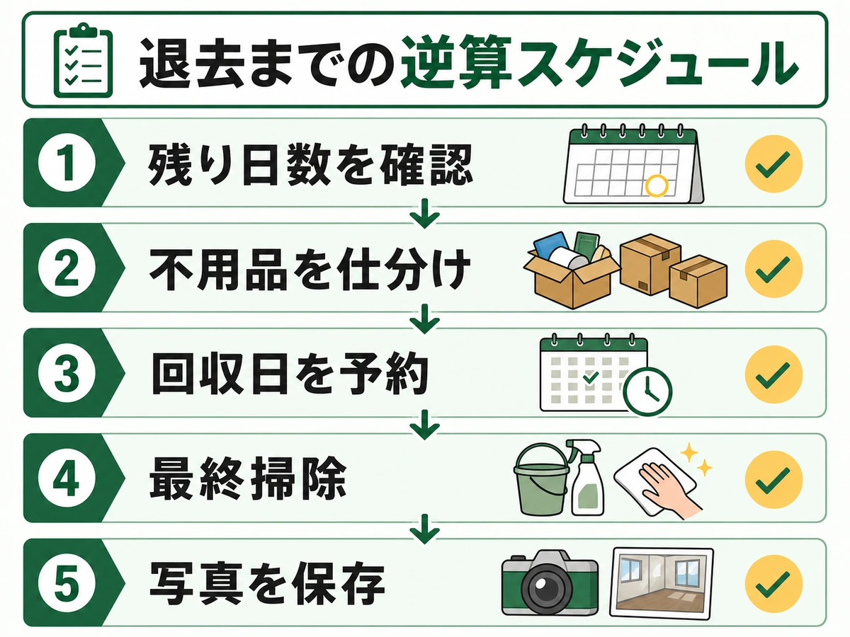 退去日までの不用品仕分け、回収日予約、最終掃除、写真保存の流れ