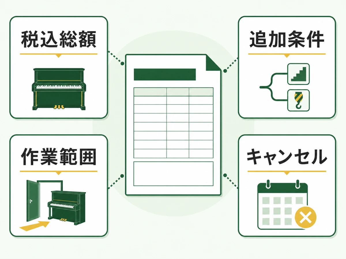 ピアノ・オルガン回収の見積書で確認する税込総額、作業範囲、追加条件、キャンセル
