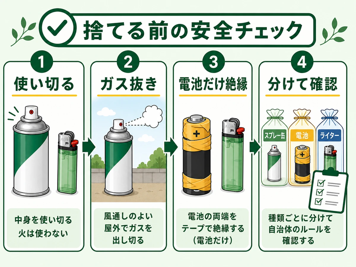 スプレー缶・電池・ライターを捨てる前の確認フロー