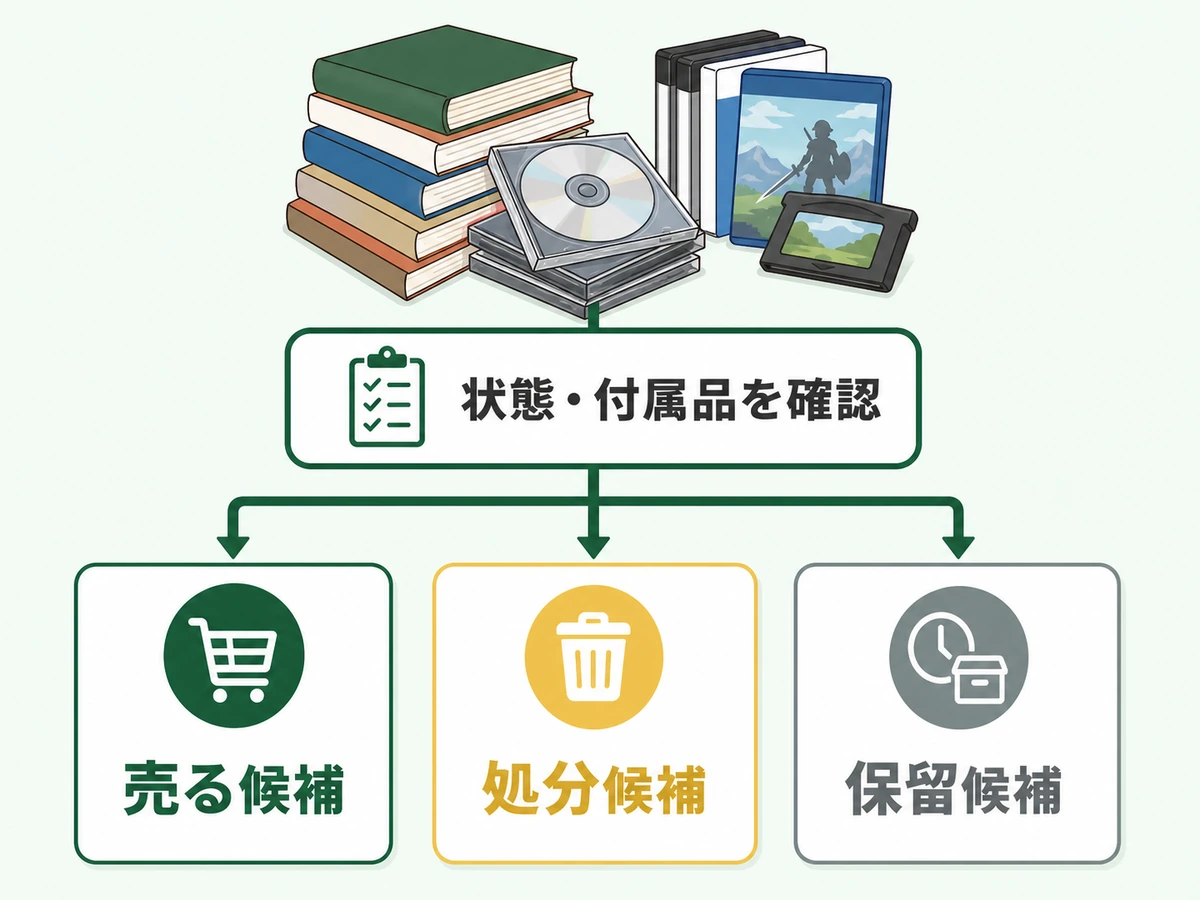 本・CD・ゲームを売る候補、処分候補、保留候補に分ける確認フロー
