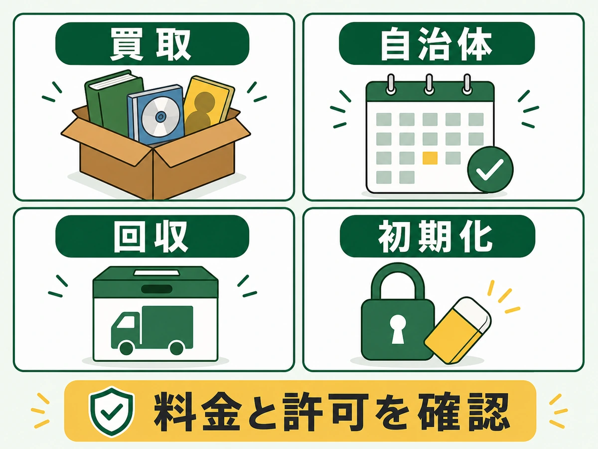 本・CD・ゲームの買取、自治体、回収、初期化を確認する処分ルート図