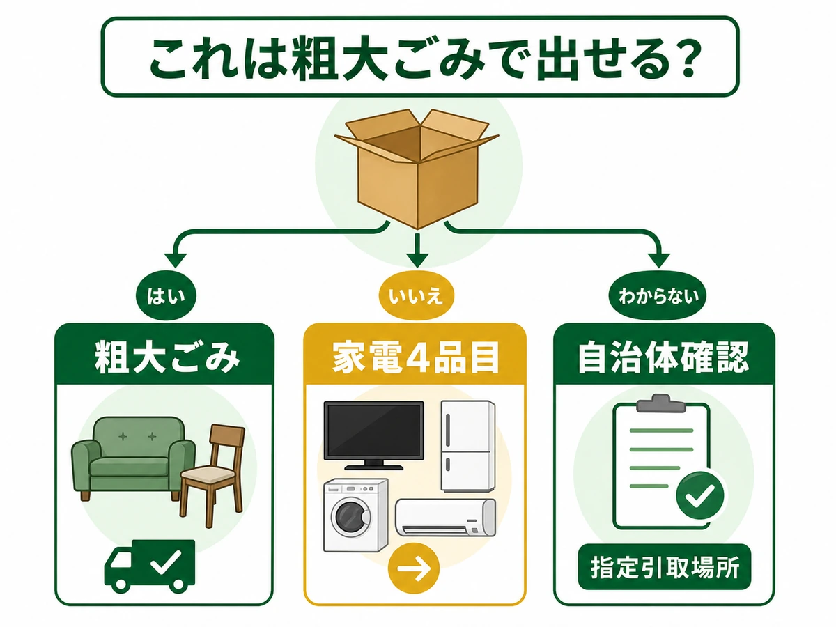 粗大ごみ、家電4品目、自治体確認、指定引取場所の分岐を示す図