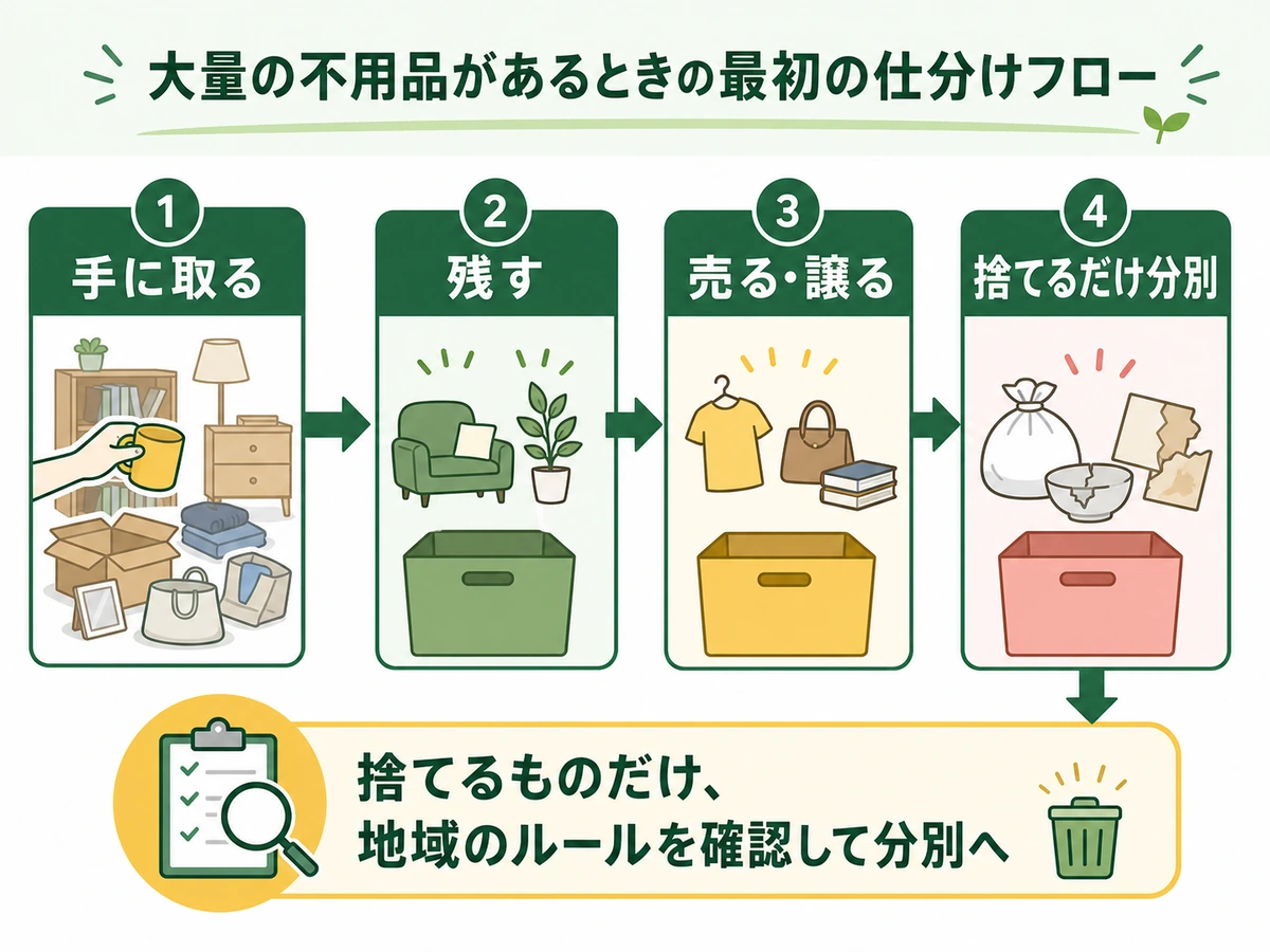大量の不用品を手に取り、残す・売る譲る・捨てるに分ける流れ