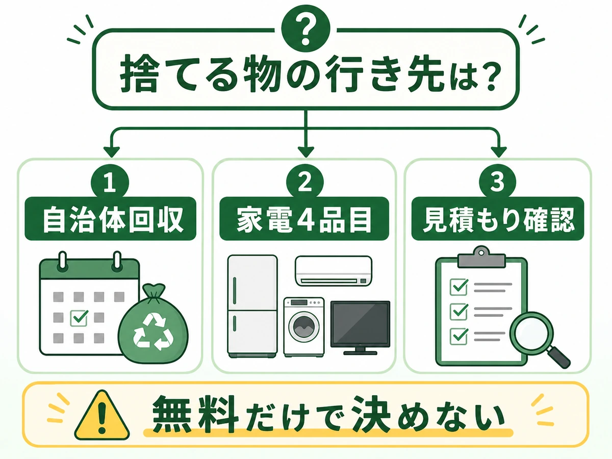 捨てる物を自治体回収・家電4品目・見積もり確認に分ける判断図