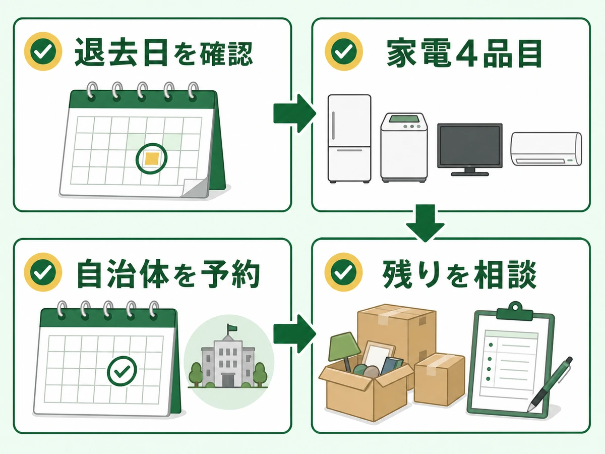 退去日確認から家電4品目、自治体予約、残りの相談へ進む不用品処分フロー
