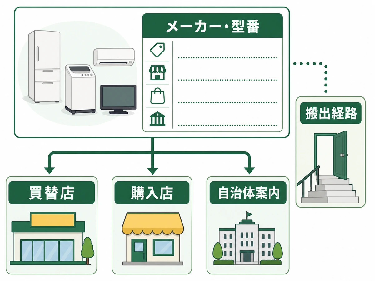 家電4品目のメーカーと型番を確認し、買替店、購入店、自治体案内へ分ける判断図