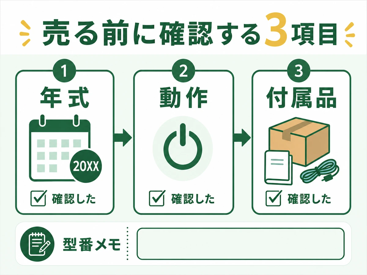 年式・動作・付属品・型番メモの確認フロー