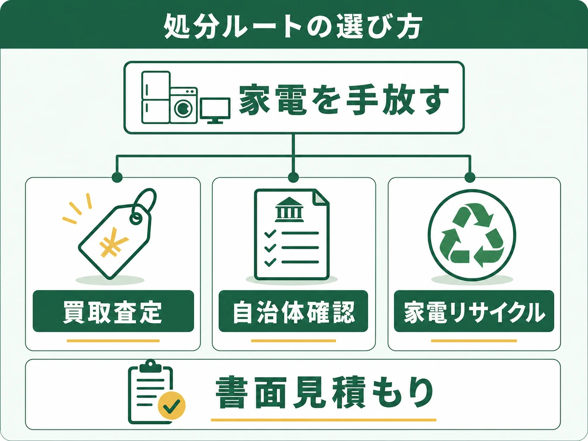 買取査定・自治体確認・家電リサイクル・書面見積もりの分岐図