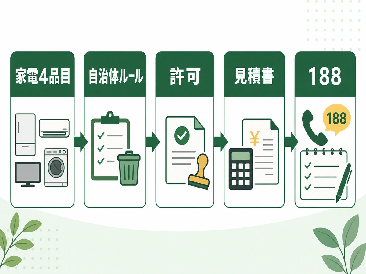 家電4品目、自治体ルール、許可、見積書、188の確認順を示す本文画像