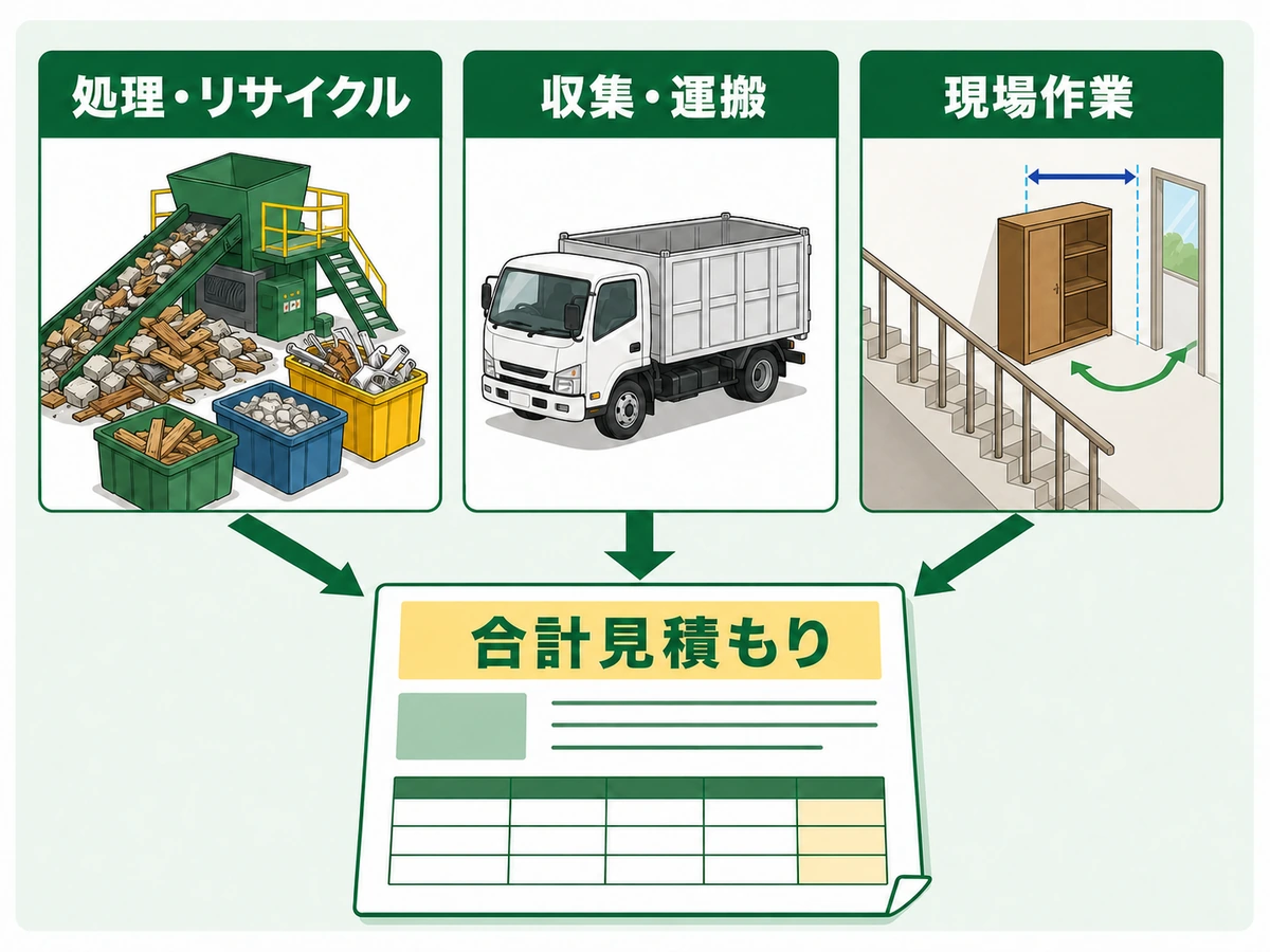 処理・リサイクル、収集・運搬、現場作業の3つの費用を分けた図