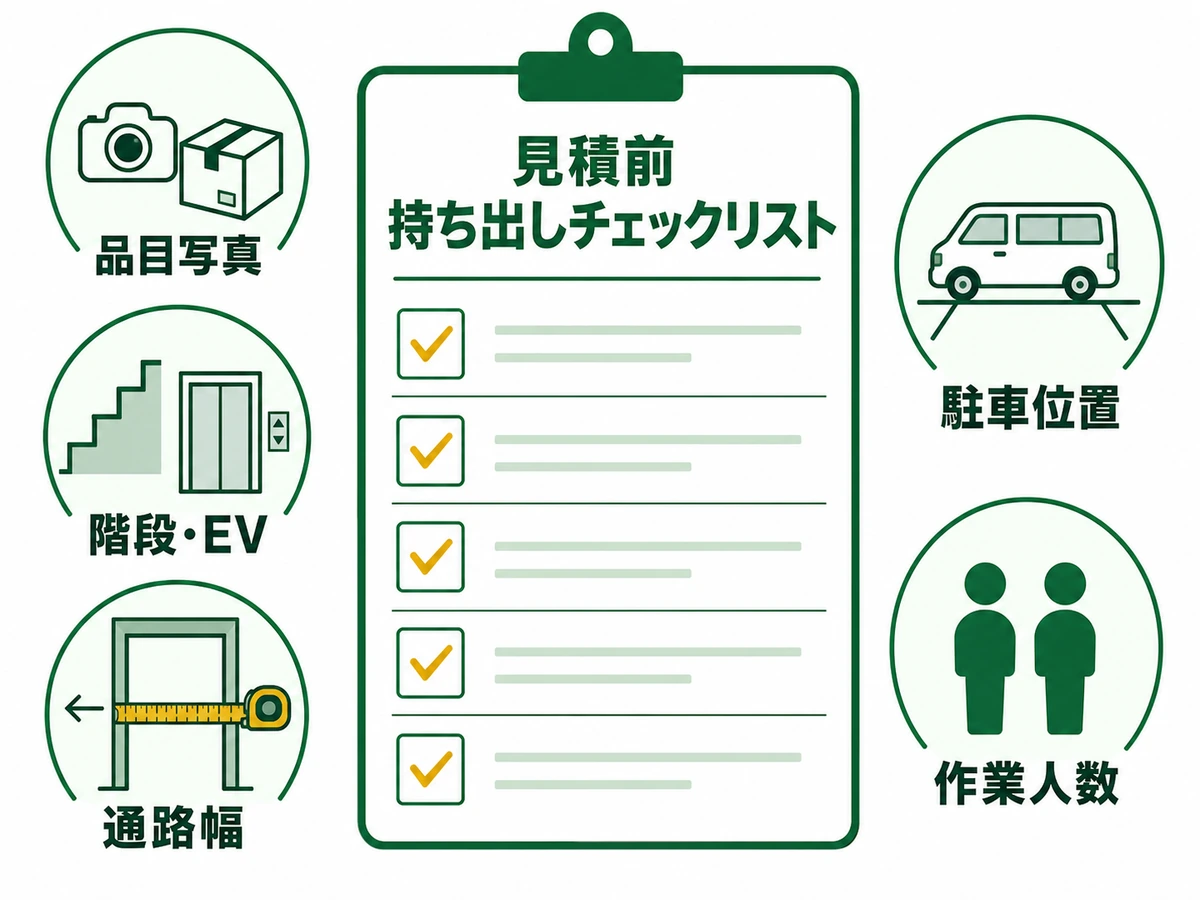 品目写真、階段、通路幅、駐車位置、作業人数の見積もり前チェック図