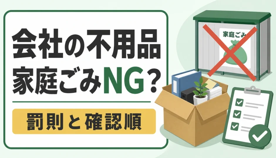会社の不用品を家庭ごみに出す前の罰則と確認順を示すサムネイル
