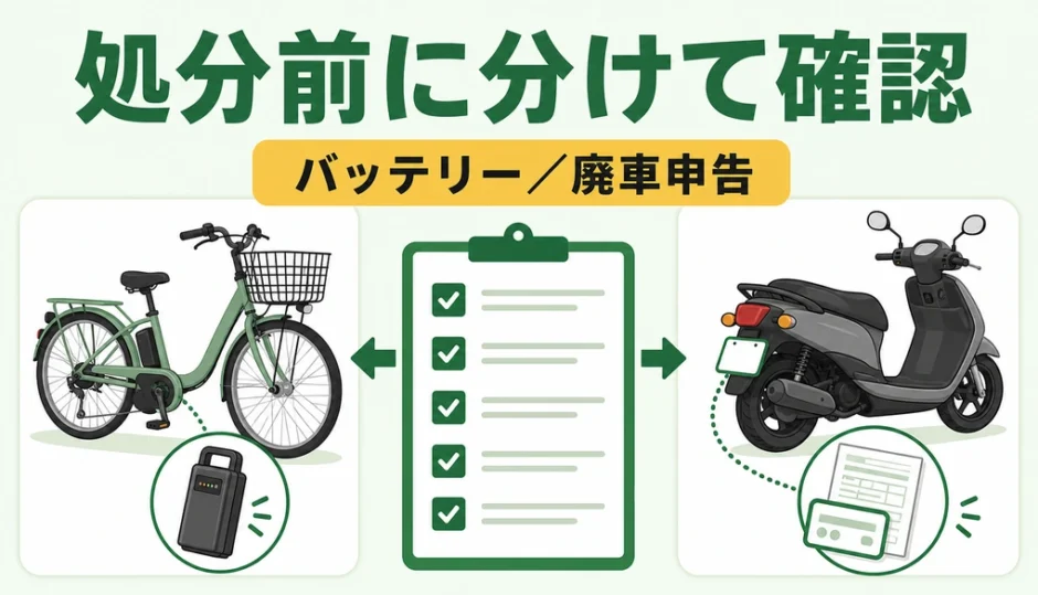 電動自転車と原付で異なる処分前の確認事項を示すイラスト