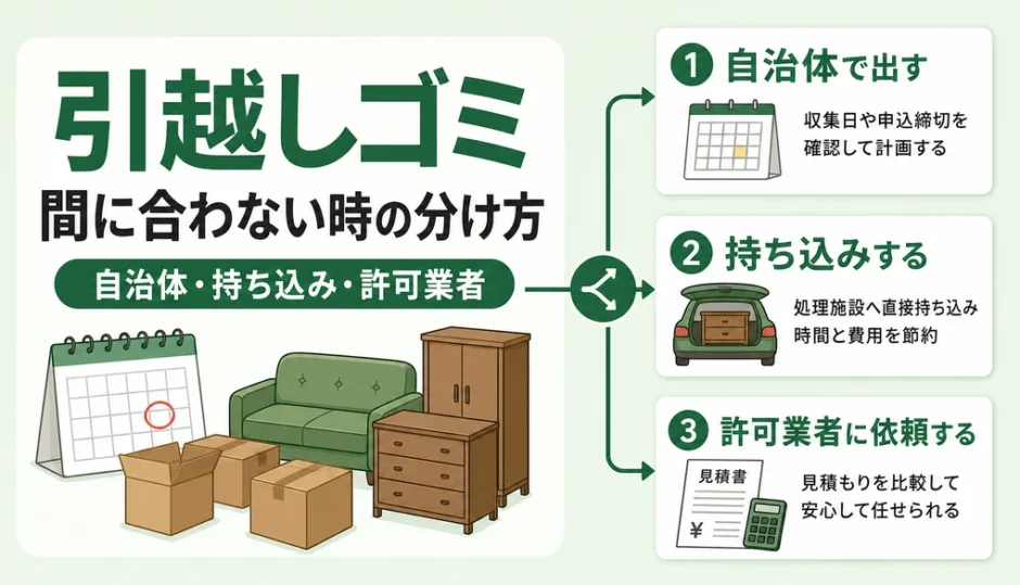 引越しゴミが自治体回収に間に合わない時の分け方を示す図解