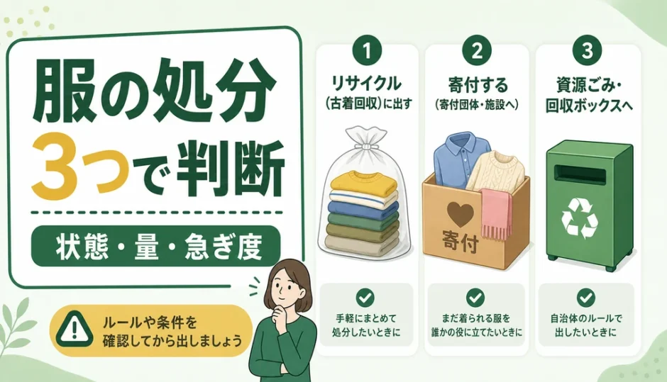 服の処分方法を状態・量・急ぎ度で判断する図解