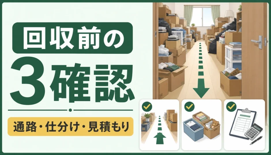 散らかった部屋の不用品回収準備を示す、回収前の3確認の図解