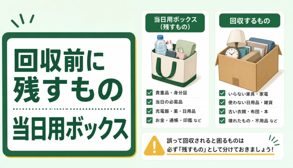 不用品回収前に残すものと当日用ボックスを示す図解