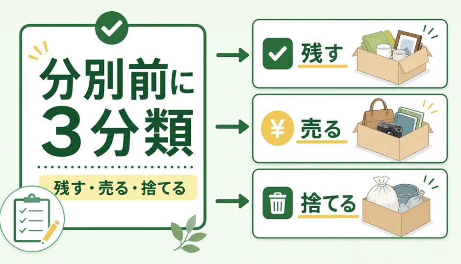 分別前に残す・売る・捨てるの3分類を示す図解